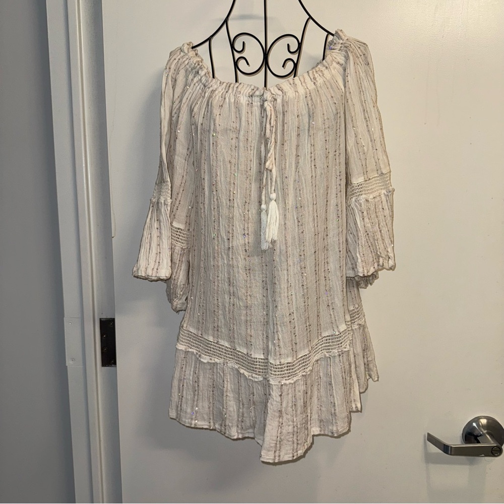 Surf Gypsy Cream Sequin Ruffled Tie Front Off Shoulder Tunic Coverup